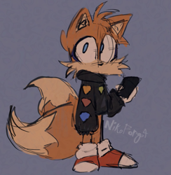 Size: 799x817 | Tagged: safe, artist:nikoforgot, miles "tails" prower, 2024, holding something, looking at viewer, phone, purple background, signature, simple background, sketch, solo, standing, sweater