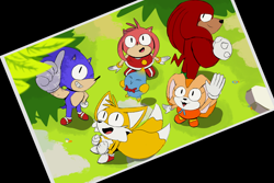 Size: 2048x1365 | Tagged: safe, artist:barsikscorner, amy rose, cheese (chao), cream the rabbit, knuckles the echidna, miles "tails" prower, sonic the hedgehog, chao, 2024, group, looking up, neutral chao, redraw, simple background, smile, sonic advance 3, standing, transparent background