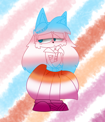 Size: 1280x1480 | Tagged: safe, artist:rosecandyart, miles "tails" prower, 2024, abstract background, alternate universe, eye clipping through hair, frown, lesbian, lesbian pride, lidded eyes, looking offscreen, pride, solo, standing, trans female, trans pride, transgender