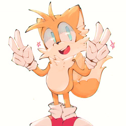Size: 2048x2048 | Tagged: safe, artist:venthdev, miles "tails" prower, 2024, double v sign, ear fluff, looking offscreen, mouth open, simple background, smile, solo, standing, star (symbol), white background