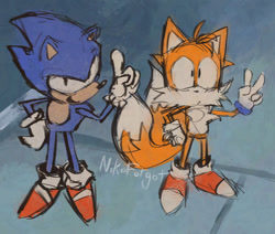 Size: 918x780 | Tagged: safe, artist:nikoforgot, miles "tails" prower, sonic the hedgehog, sonic the ova, 2024, duo, pointing, redraw, signature, sketch, standing, v sign