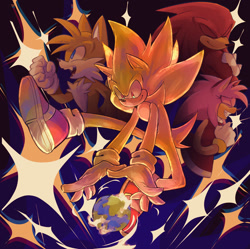 Size: 1572x1568 | Tagged: safe, artist:vhsghostricks, amy rose, knuckles the echidna, miles "tails" prower, sonic the hedgehog, super sonic, sonic frontiers, 2024, earth, flying, group, sonic frontiers: final horizon, sparkles, super form
