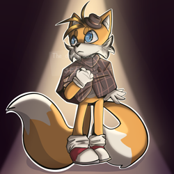 Size: 2048x2048 | Tagged: safe, artist:the-derpy-duck, miles "tails" prower, the murder of sonic the hedgehog, 2024, frown, looking offscreen, outline, signature, solo, spotlight, standing, watermark