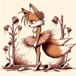 Size: 1024x1024 | Tagged: safe, ai art, miles "tails" prower, 2024, ballerina, femboy, flower, looking down, prompter:aoi-watarimono, sad, solo, standing