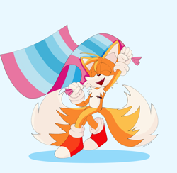 Size: 2048x1997 | Tagged: safe, artist:chaos-king42, miles "tails" prower, 2024, blue background, eyes closed, flag, holding something, mouth open, pride, pride flag, simple background, smile, solo, standing on one leg, top surgery scars, trans male, transgender, transmasc pride, transmasculine