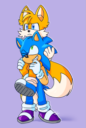 Size: 539x796 | Tagged: safe, artist:airy-was-heree, miles "tails" prower, sonic the hedgehog, 2024, blue shoes, duo, frown, looking at them, looking offscreen, looking up, looking up at them, outline, purple background, purple shoes, riding on shoulders, signature, simple background, smile, standing, wink