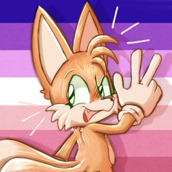 Size: 1064x1064 | Tagged: safe, artist:guiltypandas, miles "tails" prower, 2024, backwards v sign, cute, icon, lesbian, looking back, looking offscreen, neopronouns pride, nonbinary, one fang, pride, pride flag background, redraw, signature, solo, standing, tailabetes, v sign