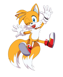Size: 2048x2483 | Tagged: safe, artist:pencilsponyforge, miles "tails" prower, 2024, alternate shoes, looking at viewer, mid-air, mouth open, simple background, smile, solo, transparent background, waving, wink