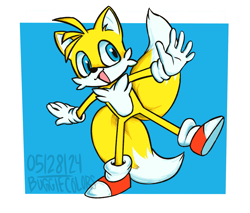 Size: 1863x1588 | Tagged: safe, artist:buggiecolors, miles "tails" prower, 2024, cute, looking offscreen, mouth open, signature, smile, solo, standing on one leg, wink