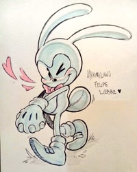 Size: 821x1024 | Tagged: safe, artist:lebluenooki, feels the rabbit, 2024, blushing, cute, feelabetes, hands together, heart, looking at viewer, solo, traditional media, walking, wink