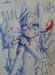 Size: 758x1024 | Tagged: semi-grimdark, artist:skyydrix, miles "tails" prower, oc, oc:villain miles, comic:where was my hero?, 2023, blood, blood stain, english text, holding something, implied murder, inkwork, licking lips, lidded eyes, looking at viewer, standing, tongue out