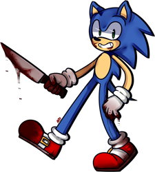 Size: 770x855 | Tagged: semi-grimdark, artist:peachytaffy, sonic the hedgehog, 2015, bleeding, bleeding from mouth, blood, blood stain, dripping blood, holding something, implied murder, knife, looking at viewer, signature, simple background, smile, standing on one leg, transparent background