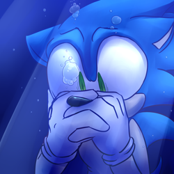 Size: 1600x1600 | Tagged: safe, artist:alomaire, sonic the hedgehog, 2018, asphyxiation, bubble, covering mouth, floppy ears, imminent drowning, solo, underwater