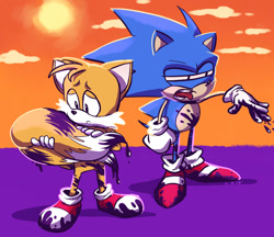 Size: 1000x865 | Tagged: safe, artist:copyofa, miles "tails" prower, sonic the hedgehog, oil ocean zone, sonic the hedgehog 2, abstract background, clouds, disgust, duo, frown, mouth open, oil, outdoors, squinting, stain, standing, sun, tongue out