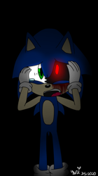 Size: 674x1200 | Tagged: safe, artist:yuriharu567, sonic the hedgehog, oc, oc:sonic.exe, 2020, black background, black sclera, bleeding, bleeding from eye, blood, crying, dark, flat colors, glowing eyes, hands on own head, red eyes, signature, simple background, solo, standing, tears