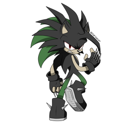 Size: 1440x1440 | Tagged: safe, artist:sarkenthehedgehog, oc, oc:ashura the hedgehog, 2022, black fur, boots, clenched teeth, fingerless gloves, frown, green fur, looking at viewer, looking back, looking back at viewer, oc only, red eyes, redesign, signature, simple background, standing on one leg, transparent background