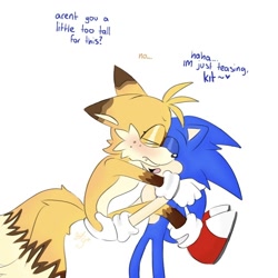 Size: 870x870 | Tagged: safe, artist:tailsgender, miles "tails" prower, sonic the hedgehog, 2024, aged up, carrying them, dialogue, duo, english text, eyes closed, floppy ears, freckles, frown, gay, mouth open, older, one fang, shipping, simple background, sonic x tails, white background