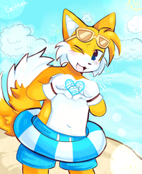 Size: 1536x1880 | Tagged: safe, artist:gothamdoggi, miles "tails" prower, :3, abstract background, beach, beach outfit, blushing, clothes, clouds, cute, daytime, heart, heart hands, looking at viewer, outdoors, smile, solo, standing, sunglasses, swimming tube, tailabetes, wink