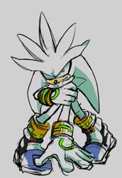 Size: 1105x1608 | Tagged: safe, artist:_sachi310_, silver the hedgehog, 2024, clenched teeth, grey background, hand on own arm, one eye closed, simple background, solo