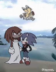 Size: 548x700 | Tagged: safe, artist:javiniess, knuckles the echidna, miles "tails" prower, sonic the hedgehog, crossdressing, dress, gay, knuxonic, outdoors, photographic background, shipping, suit, thumbs up, trio, water, wedding, wedding dress, wedding suit