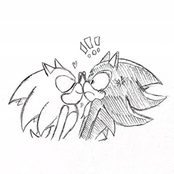 Size: 2048x2048 | Tagged: safe, artist:han__n4, shadow the hedgehog, sonic the hedgehog, 2024, cross popping vein, cute, duo, exclamation mark, eyes closed, frown, gay, heart, line art, looking at them, nose boop, noses are touching, shadow x sonic, shadowbetes, shipping, shrunken pupils, simple background, smile, sonabetes, surprised, white background