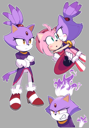 Size: 800x1140 | Tagged: safe, artist:skewedcanvas, amy rose, blaze the cat, 2024, amy x blaze, angry, arms folded, blushing, carrying them, duo, fire, frown, grey background, lesbian, looking at each other, looking at them, looking offscreen, outline, shipping, simple background, standing