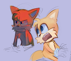 Size: 2048x1763 | Tagged: safe, artist:blueestardust, miles "tails" prower, 2024, frown, looking at each other, mouth open, purple background, simple background, solo