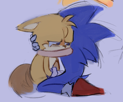 Size: 1912x1594 | Tagged: safe, artist:blueestardust, miles "tails" prower, sonic the hedgehog, comforting, crying, duo, floppy ears, hugging, kneeling, purple background, sad, simple background, tears, tears of sadness