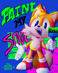 Size: 1638x2048 | Tagged: safe, artist:th3ink, miles "tails" prower, 2024, abstract background, cute, english text, fangs, faux 3d, holding something, looking at viewer, mouth open, paintbrush, signature, smile, solo, standing