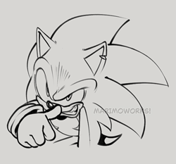 Size: 545x509 | Tagged: safe, artist:superscourge, sonic the hedgehog, 2024, chipped ear, grey background, line art, looking ahead, looking offscreen, signature, simple background, smile, solo, top surgery scars, trans male, transgender