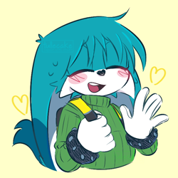 Size: 650x650 | Tagged: safe, artist:tullecake, kit the fennec, 2024, alternate outfit, backpack, blushing, clothes, cute, eyes closed, heart, heart nose, mouth open, signature, simple background, smile, solo, sweatdrop, sweater, waving, yellow background