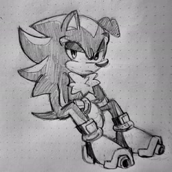 Size: 2048x2048 | Tagged: safe, artist:teamdarkdaily, shadow the hedgehog, 2024, floppy ear, frown, greyscale, lidded eyes, looking at viewer, monochrome, sitting, solo, traditional media