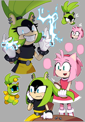Size: 800x1140 | Tagged: safe, artist:skewedcanvas, amy rose, surge the tenrec, chao, 2024, blushing, brushing hair, character chao, duo, electricity, frown, glowing eyes, hairbrush, lesbian, outline, shipping, sitting, smile, speech bubble, standing, surgamy, surge chao