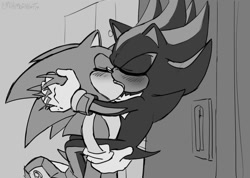 Size: 1093x778 | Tagged: safe, artist:emthimofnight, shadow the hedgehog, sonic the hedgehog, 2024, abstract background, against wall, blushing, carrying them, eyes closed, fanfiction art, french kiss, gay, greyscale, holding each other, kiss, making out, monochrome, shadow x sonic, shipping
