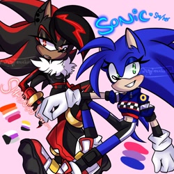 Size: 2048x2048 | Tagged: safe, artist:hippiecockatoo, shadow the hedgehog, sonic the hedgehog, 2024, alternate universe, bisexual, bisexual pride, character name, clothes, demisexual, demisexual pride, duo, frown, lesbian, lesbian pride, lidded eyes, looking at viewer, nonbinary, nonbinary pride, pink background, pride, shadow x sonic, shipping, signature, simple background, smile