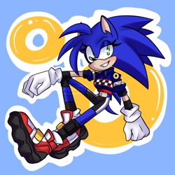 Size: 2048x2048 | Tagged: safe, artist:hippiecockatoo, sonic the hedgehog, 2024, alternate universe, alternate version, bisexual, blue background, looking at viewer, outline, ring, signature, simple background, smile, solo