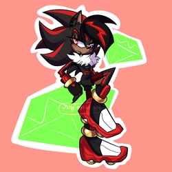 Size: 2048x2048 | Tagged: safe, artist:hippiecockatoo, shadow the hedgehog, 2024, alternate universe, alternate version, chaos emerald, demisexual, frown, lesbian, lidded eyes, looking at viewer, nonbinary, outline, red background, signature, simple background, solo