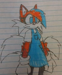 Size: 1555x1877 | Tagged: safe, artist:p1k0qu33n, miles "tails" prower, 2024, aged up, alternate universe, dress, dyed hair, eyelashes, looking offscreen, older, smile, solo, standing, stockings, traditional media, trans female, transgender