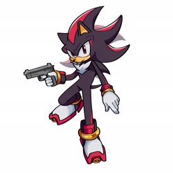 Size: 2048x2048 | Tagged: safe, artist:pw1wi, shadow the hedgehog, 2024, frown, gun, holding something, looking at viewer, simple background, solo, white background
