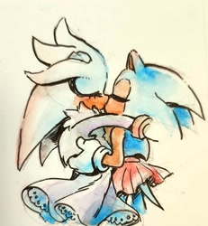 Size: 1891x2048 | Tagged: safe, artist:sonilver-yuri, silver the hedgehog, sonic the hedgehog, alternate outfit, clothes, dress, duo, eyes closed, gender swap, holding each other, kiss, lesbian, shipping, skirt, sonilver, traditional media, watercolor