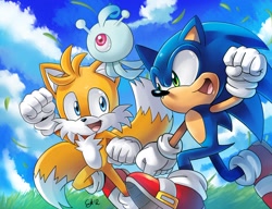 Size: 1280x985 | Tagged: safe, artist:ufena, miles "tails" prower, sonic the hedgehog, yacker, abstract background, grass, looking at each other, running, sonic colors, trio