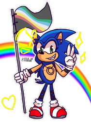 Size: 768x1024 | Tagged: safe, artist:pileofpawns, sonic the hedgehog, 2024, claws, disability pride, disabled, ear fluff, eyelashes, flag, heart, holding something, leg braces, looking at viewer, necklace, rainbow, ring, signature, simple background, smile, solo, sparkles, standing, top surgery scars, trans male, transgender, transparent background, v sign, wagging tail, wrist braces