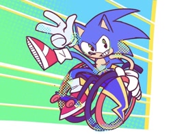 Size: 816x640 | Tagged: safe, artist:verminguy, sonic the hedgehog, abstract background, disabled, looking at viewer, smile, solo, top surgery scars, trans male, transgender, v sign, wheelchair