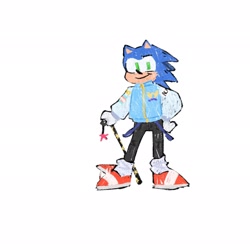 Size: 2048x2048 | Tagged: safe, artist:eggmansflatformboots, sonic the hedgehog, alternate outfit, clothes, disabled, hand on hip, holding something, jacket, looking at viewer, pants, simple background, smile, solo, standing, trans male, transgender, white background