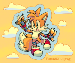 Size: 788x662 | Tagged: safe, artist:futuristichedge, miles "tails" prower, abstract background, claws, clouds, cute, disabled, gloves off, leg braces, looking ahead, looking offscreen, mouth open, pawpads, paws, signature, smile, solo, standing on one leg, tailabetes, wrist braces