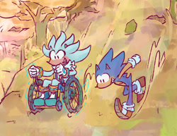 Size: 1859x1438 | Tagged: safe, artist:futuristichedge, silver the hedgehog, sonic the hedgehog, abstract background, disabled, duo, leaf, looking ahead, outdoors, racing, running, smile, top surgery scars, trans male, transgender, tree, wheelchair