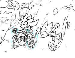 Size: 1859x1438 | Tagged: safe, artist:futuristichedge, silver the hedgehog, sonic the hedgehog, abstract background, alternate version, black and white, disabled, duo, leaf, line art, looking ahead, outdoors, racing, running, smile, top surgery scars, trans male, transgender, tree, wheelchair