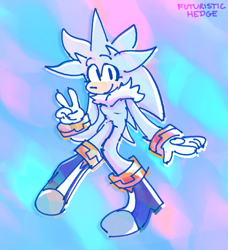 Size: 651x713 | Tagged: safe, artist:futuristichedge, silver the hedgehog, abstract background, claws, cute, eyelashes, looking at viewer, signature, silvabetes, smile, solo, v sign
