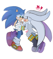 Size: 1800x2000 | Tagged: safe, artist:ekkoroshia, silver the hedgehog, sonic the hedgehog, duo, eyes closed, gay, heart, holding hands, looking at them, shipping, simple background, smile, sonilver, white background