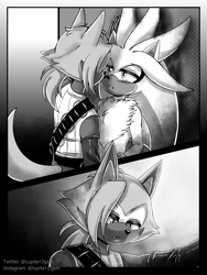 Size: 1200x1600 | Tagged: safe, artist:lupita13, silver the hedgehog, whisper the wolf, blushing, comic, duo, gay, gender swap, greyscale, half r63 shipping, lidded eyes, looking at each other, monochrome, shipping, silvisper
